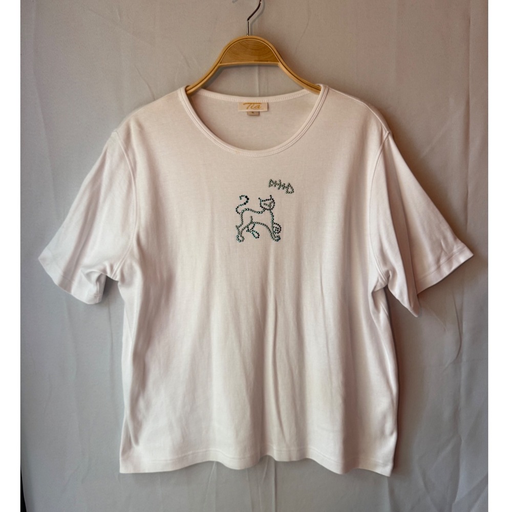 Tia Designs Cat Graphic Tee XL White Rhinestone Short Sleeve VINTAGE BLING